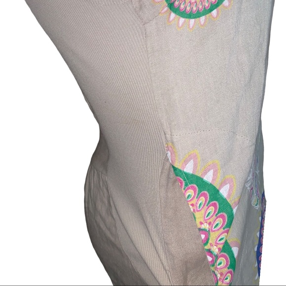 Made in Italy Linen Dress Tan Boho Print Cap Sleeve Pocket Tunic M/L - Picture 7 of 16